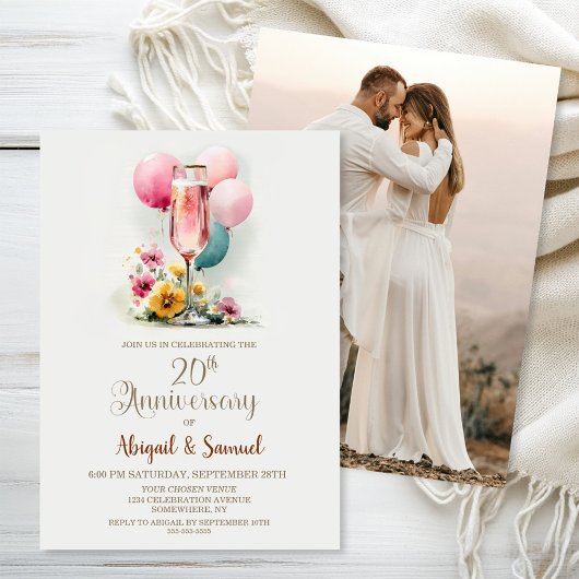 Pink Champagne Glass 20. Hochzeitstag Einladung