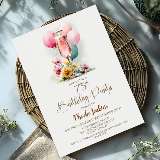 Pink Champagne Glass 75. Geburtstagsparty Einladung