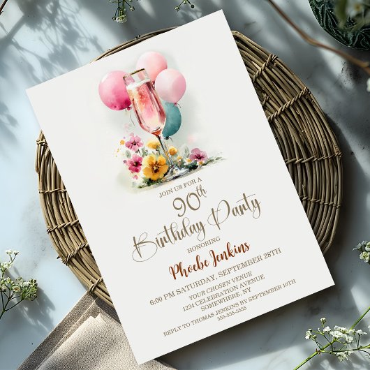 Pink Champagne Glass 90. Geburtstagsparty Einladung