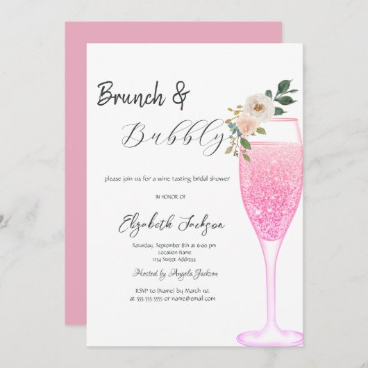 Pink Champagne Glass Blumen Brunch & Bubbly Einladung (Vorne/Hinten)