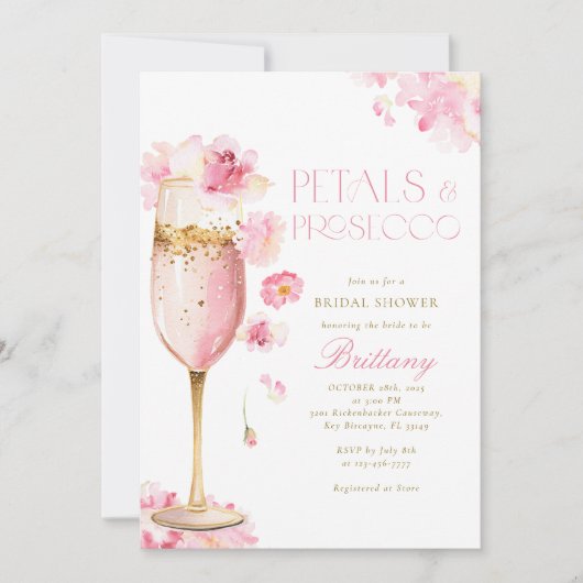 Pink Champagne Petals Bridal Dusche Einladung (Vorderseite)