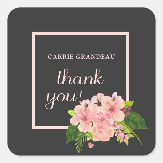Pink & Charcoal Floral Graduation Thank You Quadratischer Aufkleber (Vorderseite)