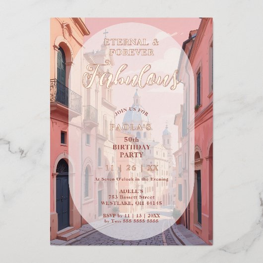 Pink Charming Ancient Cityscape Oval Translucent Folieneinladung (Vorderseite)