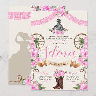 Pink Charro Quinceanera Papel Picado Western Rose Einladung