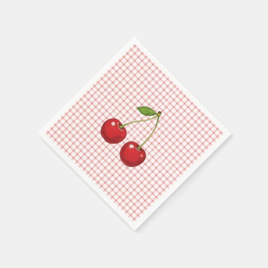 Pink Checked Paper Plates with Cherries Serviette (Ecke)