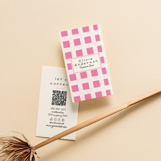 Pink Checked Trendy Boho Funky Girly QR Code Visitenkarte