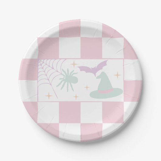 Pink Checkerboard Halloween Spooky Vibes Pappteller (Vorderseite)