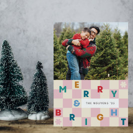 Pink Checkerboard Merry & Bright Christmas Card Einladung