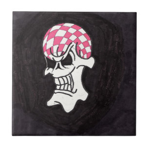 Pink Checkerboard Skull Keramik Tile Fliese