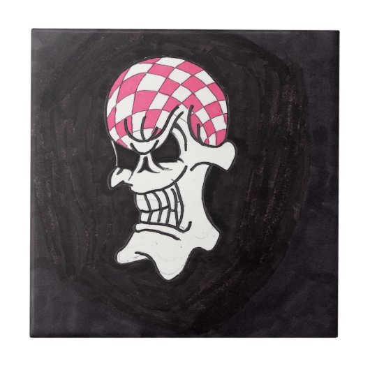 Pink Checkerboard Skull Keramik Tile Fliese (Vorderseite)