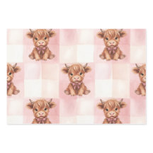 Pink Checkered Highland Cow Cute Gift Wrap
