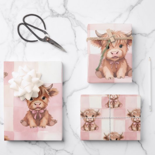 Pink Checkered Highland Cow Cute Gift Wrap Geschenkpapier Set (Vorderseite)