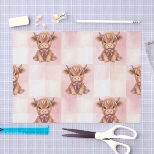 Pink Checkered Highland Cow Cute Gift Wrap Seidenpapier (Handwerk)