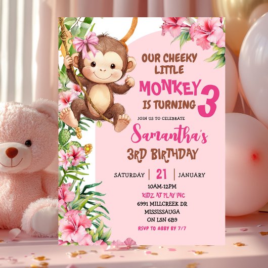 Pink Cheeky Little Monkey Savannah Theme Birthday Einladung