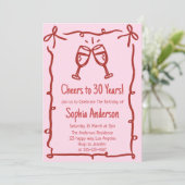 Pink “Cheers to 30 Years” Birthday Einladung (Stehend Vorderseite)