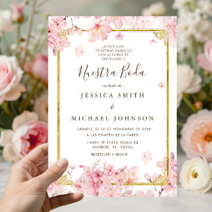 Pink Cheery Blossom Unsere Hochzeit Spanische Hoch Einladung