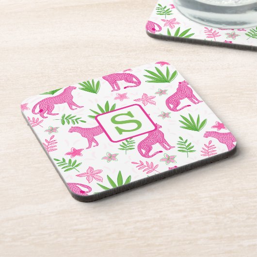 Pink Cheetah Monogram White Preppy Getränkeuntersetzer (Linke Seite)