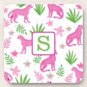 Pink Cheetah Monogram White Preppy Getränkeuntersetzer (Vorderseite)