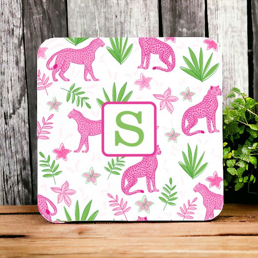Pink Cheetah Monogram White Preppy Getränkeuntersetzer