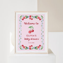 Pink Cherries Whimsical Retro Baby Dusche Empfang Poster