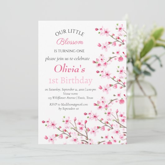 Pink Cherry Blossom 1. Geburtstag Einladung (Stehend Vorderseite)