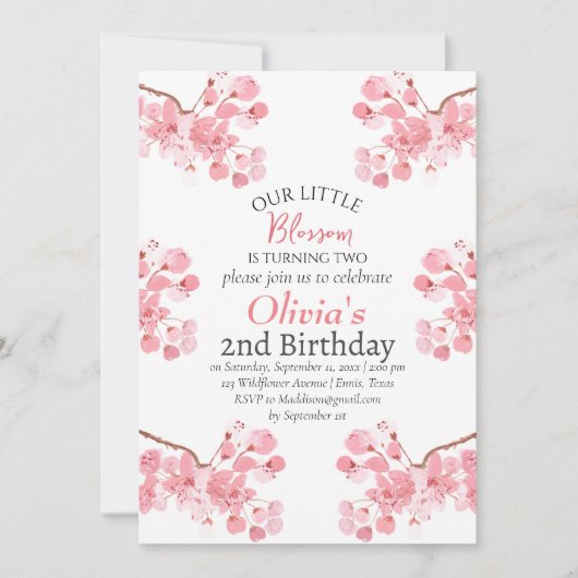 Pink Cherry Blossom 2. Geburtstag Einladung (Vorderseite)