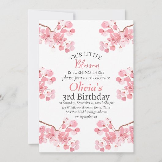 Pink Cherry Blossom 3. Geburtstag Einladung (Vorderseite)