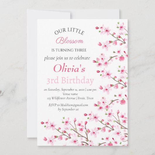 Pink Cherry Blossom 3. Geburtstag Einladung (Vorderseite)