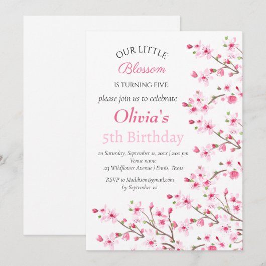Pink Cherry Blossom 5. Geburtstag Einladung (Vorne/Hinten)