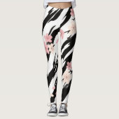 Pink Cherry Blossom Black White Brushstroke Patter Leggings (Vorderseite)