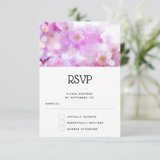 Pink Cherry Blossom Blume Foto Hochzeit RSVP Karte (Stehend Vorderseite)