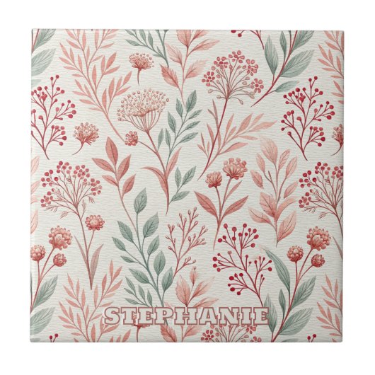 Pink Cherry Blossom, Blumenmuster und Blätter Must Fliese (Vorderseite)