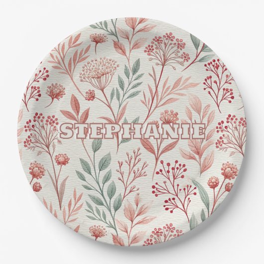 Pink Cherry Blossom, Blumenmuster und Blätter Must Pappteller (Vorderseite)