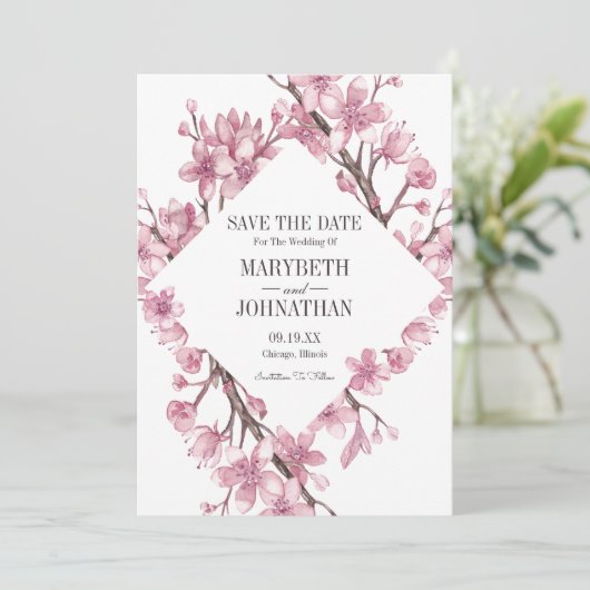 Pink Cherry Blossom Blumenrahmen Save the Date (Stehend Vorderseite)