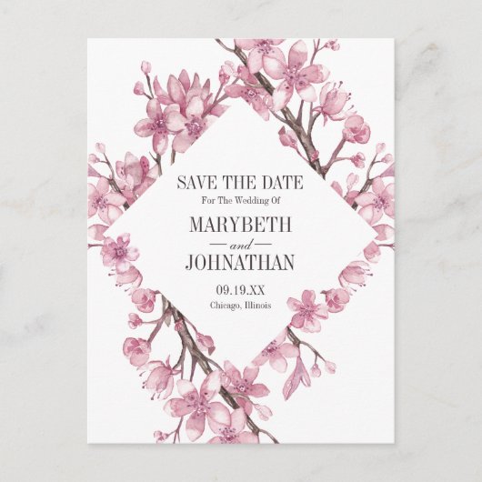 Pink Cherry Blossom Blumenrahmen Save the Date Einladungspostkarte (Vorderseite)