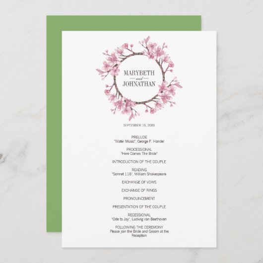 Pink Cherry Blossom Blumenreath Wedding Programm (Vorne/Hinten)