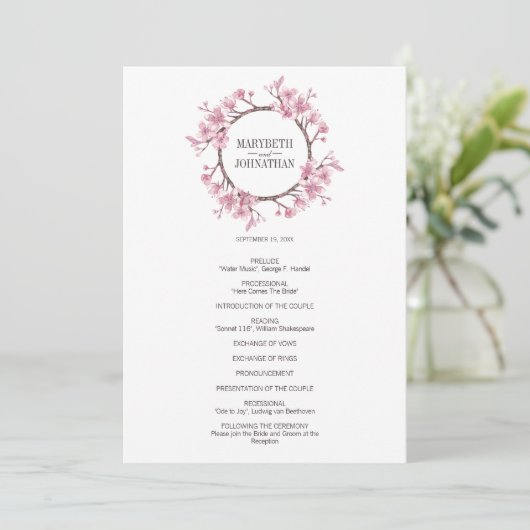 Pink Cherry Blossom Blumenreath Wedding Programm (Stehend Vorderseite)