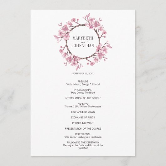 Pink Cherry Blossom Blumenreath Wedding Programm (Vorderseite)
