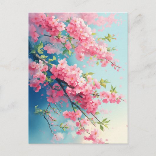 Pink Cherry Blossom Branches in Blue Sky Postkarte (Vorderseite)