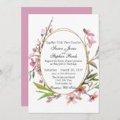Pink Cherry Blossom Chic Gold Rahmen Hochzeit Einladung (Vorne/Hinten)