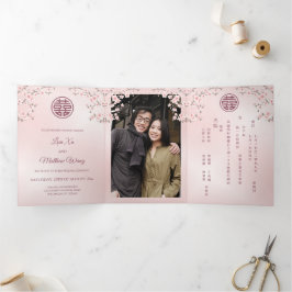 Pink Cherry Blossom | Chinesische Hochzeit mit Fot Dreifach Gefaltete Einladung