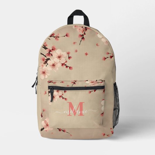 Pink Cherry Blossom Custom Monogram Name Bedruckter Rucksack (Vorderseite)