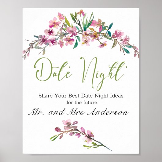 Pink Cherry Blossom Elegantes Flora Datum Nacht Ze Poster (Vorne)