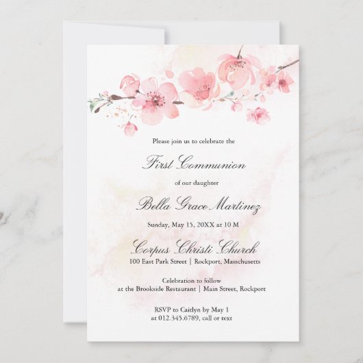 Pink Cherry Blossom Erste Heilige Kommune Einladung (Vorderseite)