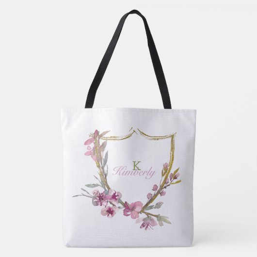 Pink Cherry Blossom Floral Anfangsname Monogramm Tasche (Vorderseite)