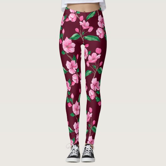 Pink Cherry Blossom Floral Leggings (Vorderseite)