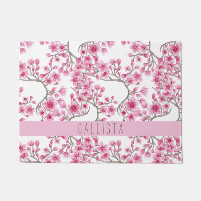 Pink Cherry Blossom Floral Watercolor Monogramm Fußmatte (Vorderseite)
