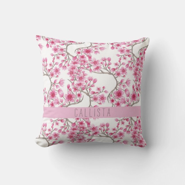 Pink Cherry Blossom Floral Watercolor Monogramm Kissen (Vorderseite)