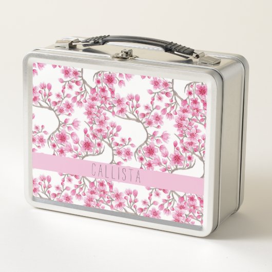 Pink Cherry Blossom Floral Watercolor Monogramm Metall Brotdose (Vorderseite)