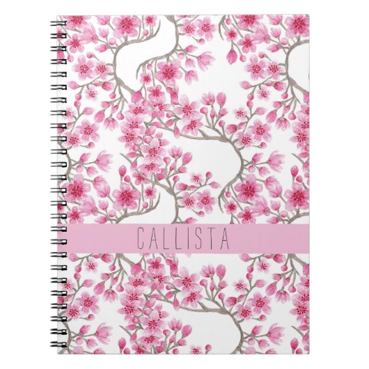 Pink Cherry Blossom Floral Watercolor Monogramm Notizblock (Vorderseite)
